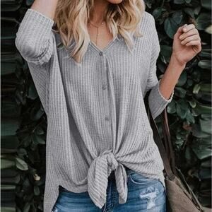 WALKING ON SUNSHINE Waffle Knit Long Sleeve Tie Front Blouse (various Sizes)